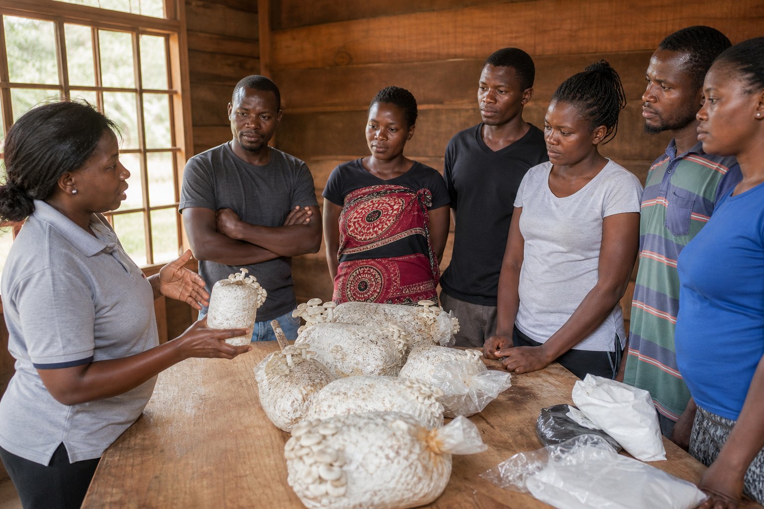 Malawian growers in a mushroom cultivation workshop